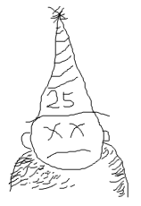 Line drawing of a boy in a pointy hat. The hat has 25 written on it